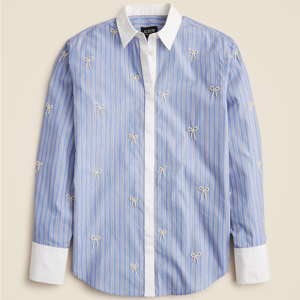 J. Crew Collection Garçon Shirt With Pearl Bow Embellishments Blue Stripe